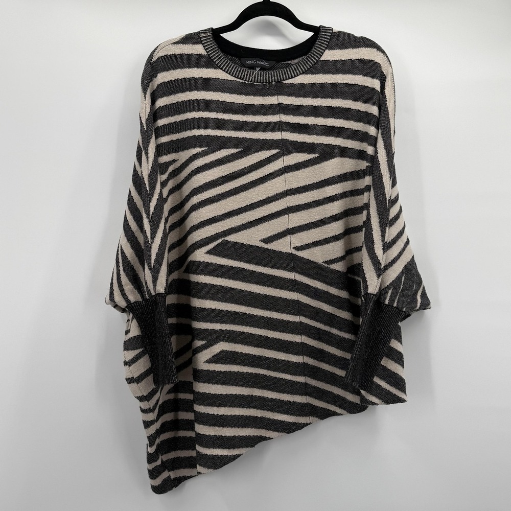 Ming Wang Sweater Womens Medium Black Beige Stripe‎ Dolman Asymmetrical Pullover